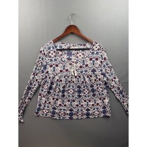 Cape Juby Womens XL Floral Medallion Boho Peasant Top Long Sleeve Blue Burgundy